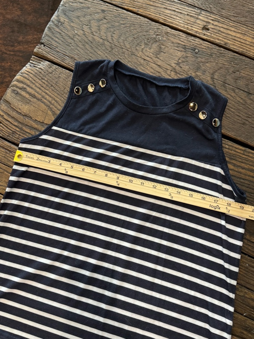 Navy and White Striped Sleeveless Top with Gold Button Detail Womens Large - Picture 4 of 5